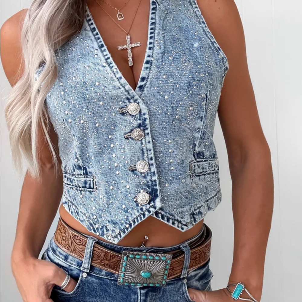 Denim Sleeveless Top with Crystal Accents